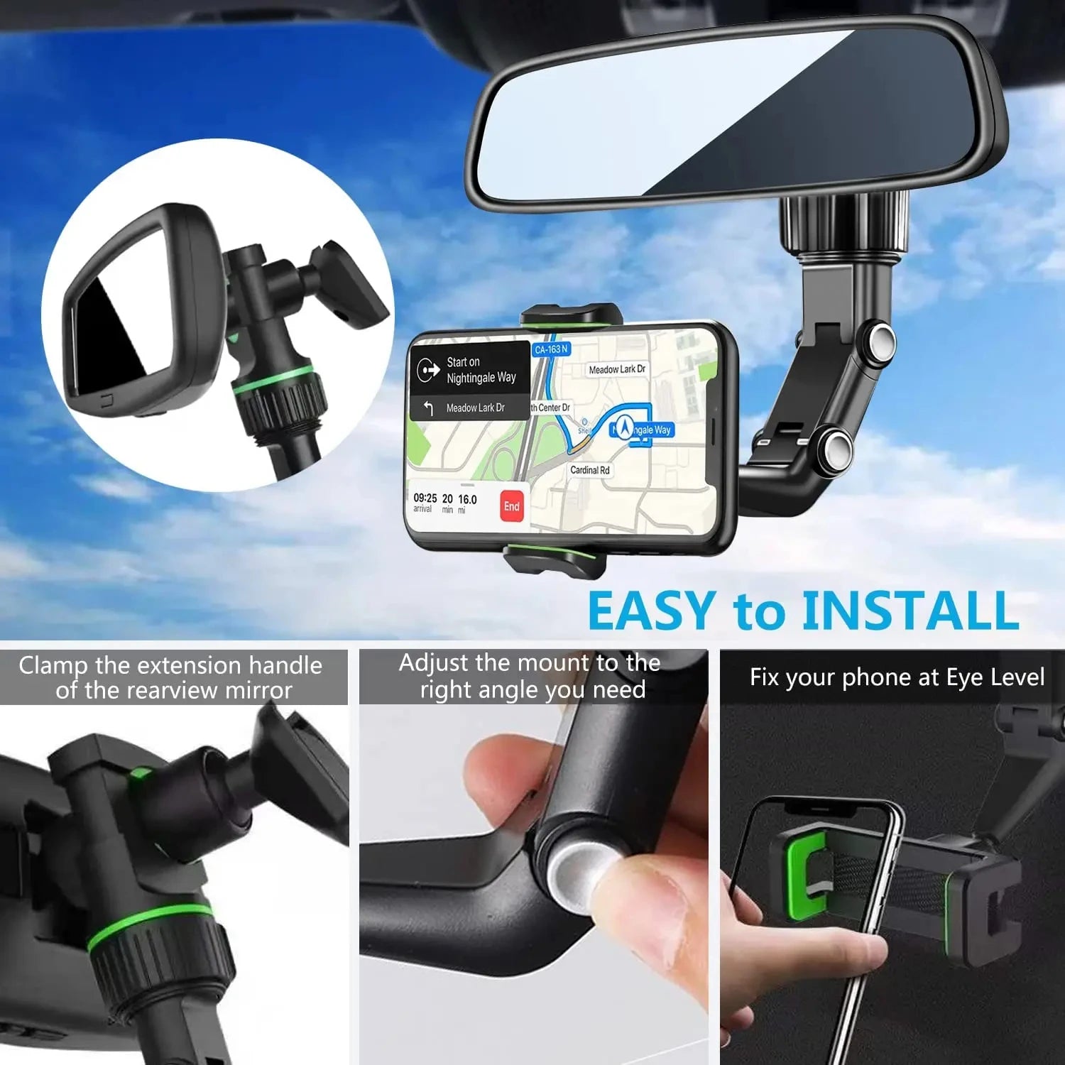 Rearview Mirror Phone Holder for Car - 360° Rotating Phone Mount