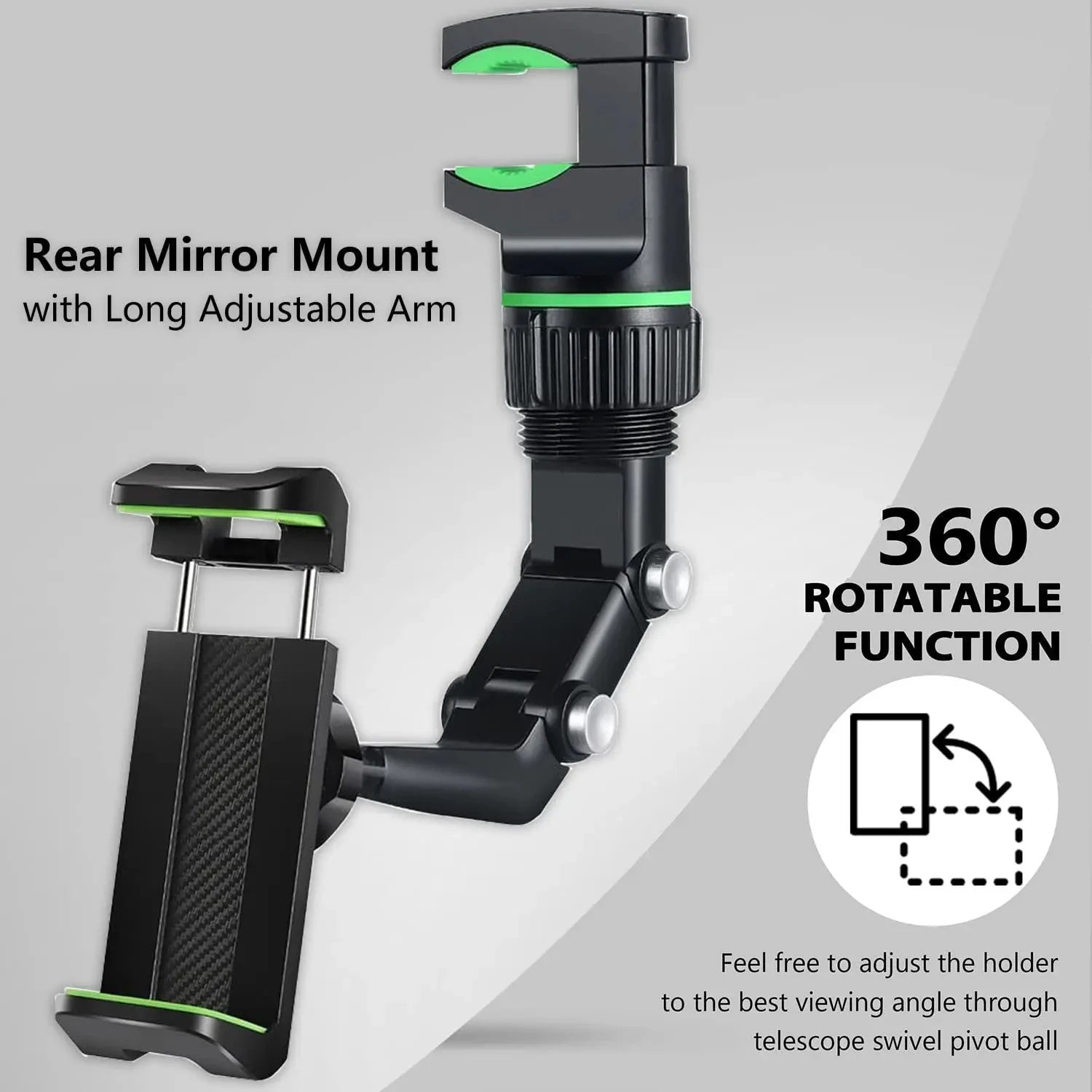 Rearview Mirror Phone Holder for Car - 360° Rotating Phone Mount