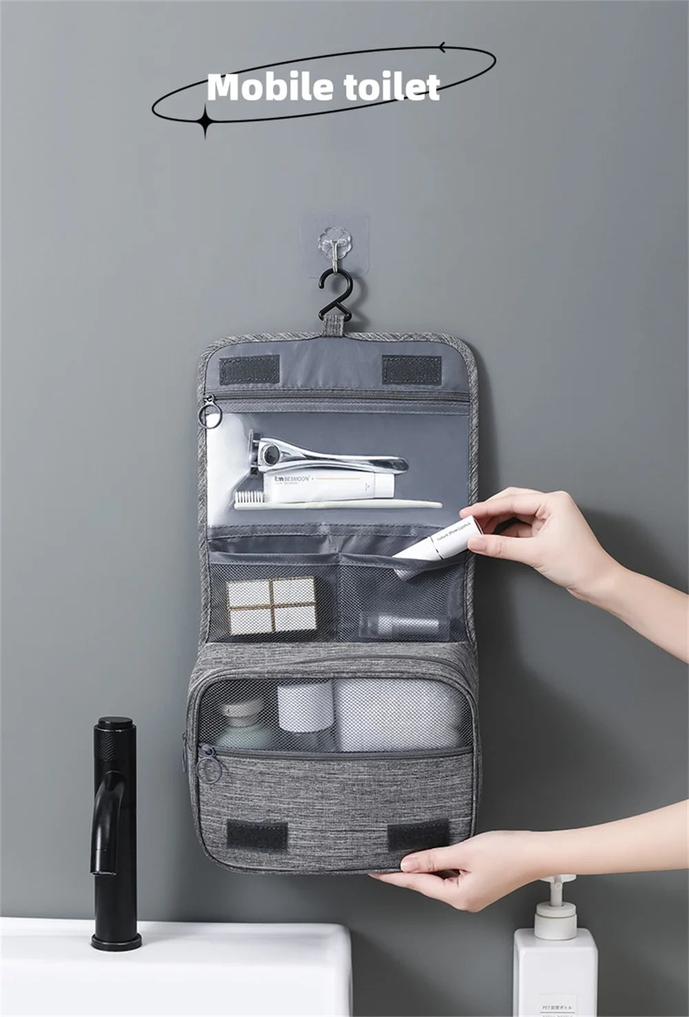 Portable Toiletry Washbag with Hanging Hook for Cosmetic Storage