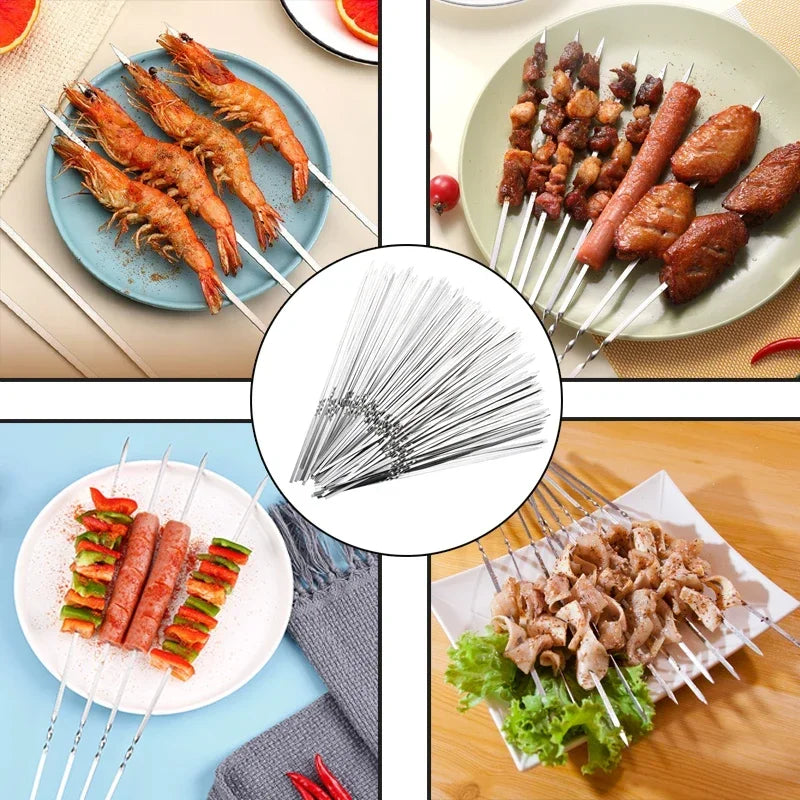 Silver Barbecue Skewer Stainless Steel Reusable Grill Sticks